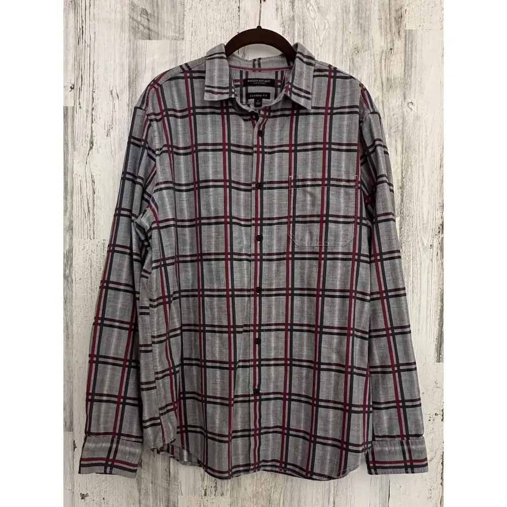 Banana Republic Mens Luxe Flannel‎ Shirt Large Camden Fit Gray Windowpane Plaid